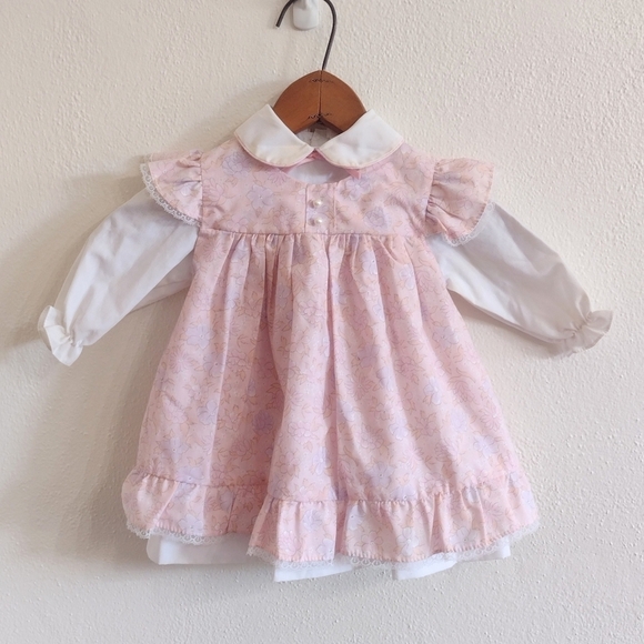Vth Mayfair Baby Girls Long Sleeve Pink Floral Lace Ruffle Pinafore Dress 24M - Picture 1 of 8